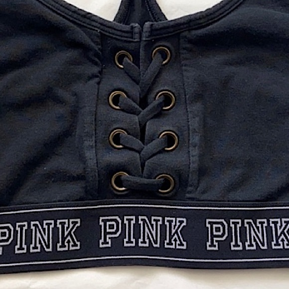 🟢2 FOR $15❣️PINK VICTORIA’S SECRET BLACK RACERBACK SPORTS BRA *LACED FRONT EUC - Picture 3 of 3